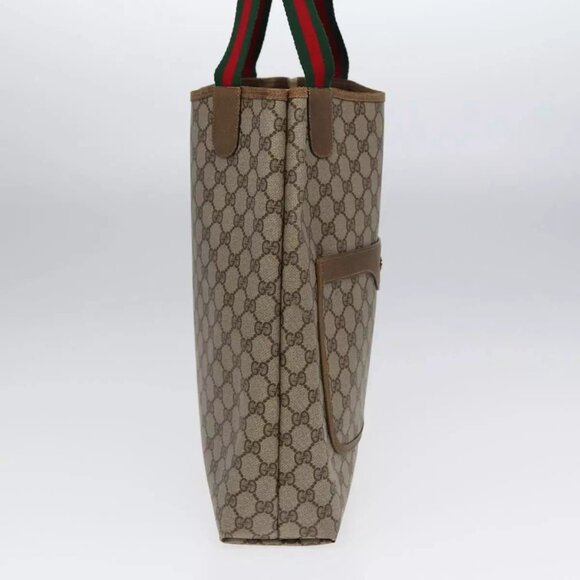 GUCCI GG Canvas Web Sherry Line Tote Bag PVC Leather Beige Green Red Auth - Picture 5 of 16
